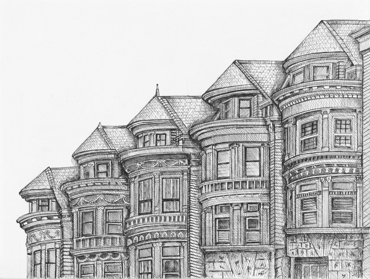 Haight Ashbury Painted Ladies Pen Drawing