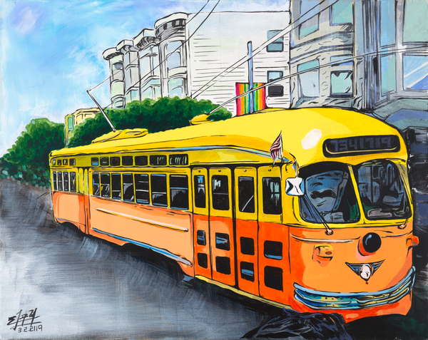 The yellow and orange SF trolley GREETING CARDS