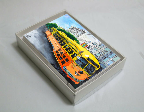 The yellow and orange SF trolley GREETING CARDS